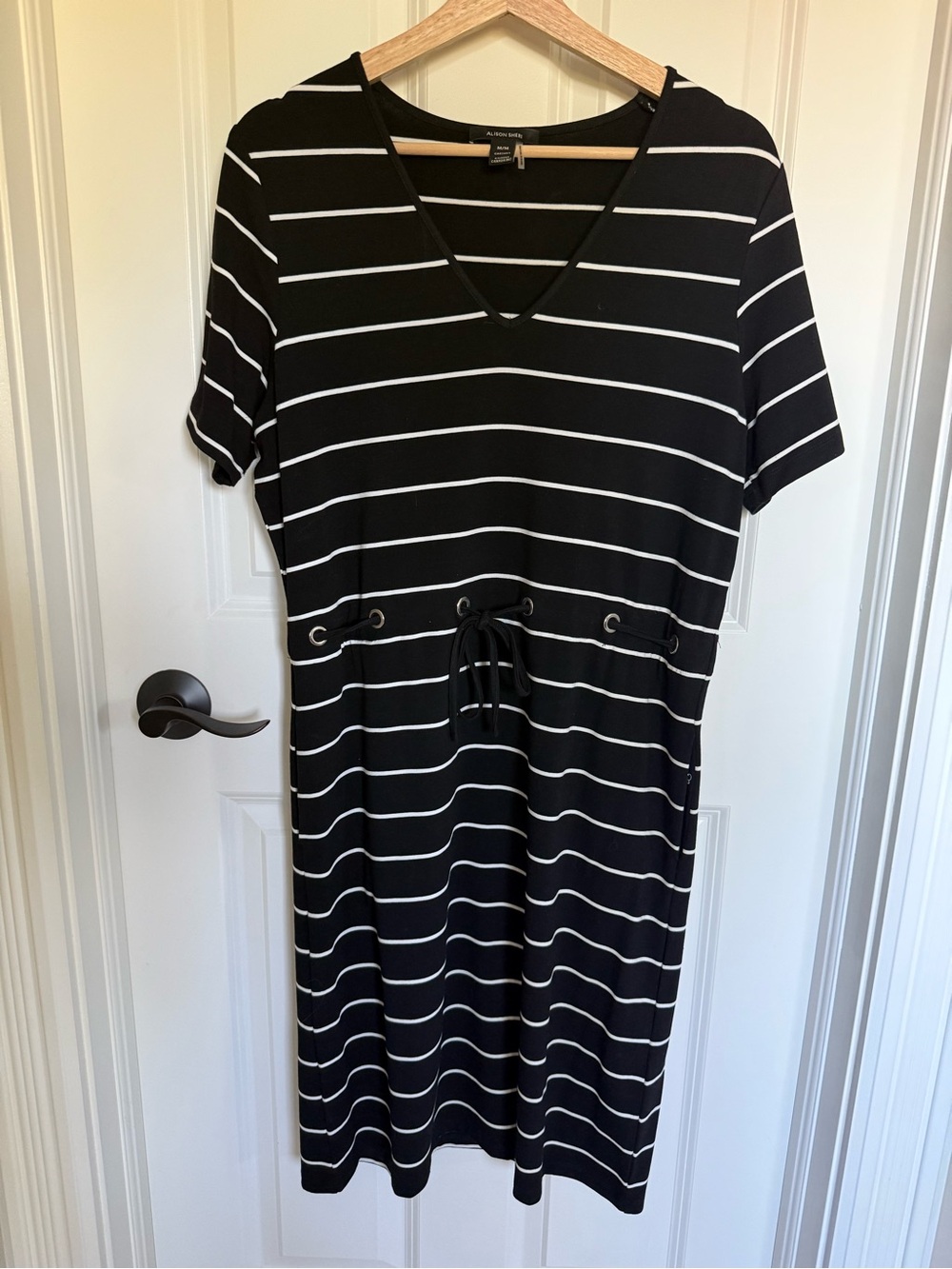 Alison Sheri Black White Striped Drawstring Waist Midi Dress M